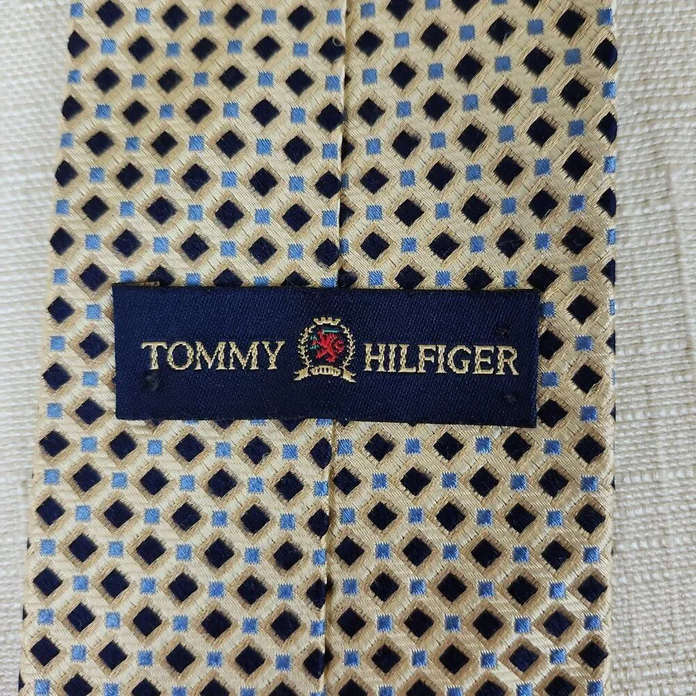 Vintage Tommy Hilfiger 100% Silk Necktie, Navy & Blue Diamond on Gold Background